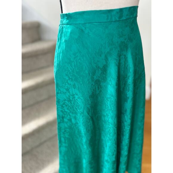 Vintage 90s Turquoise Green Floral Silk A-Line Midi Skirt Western Romantic Boho - Picture 7 of 8